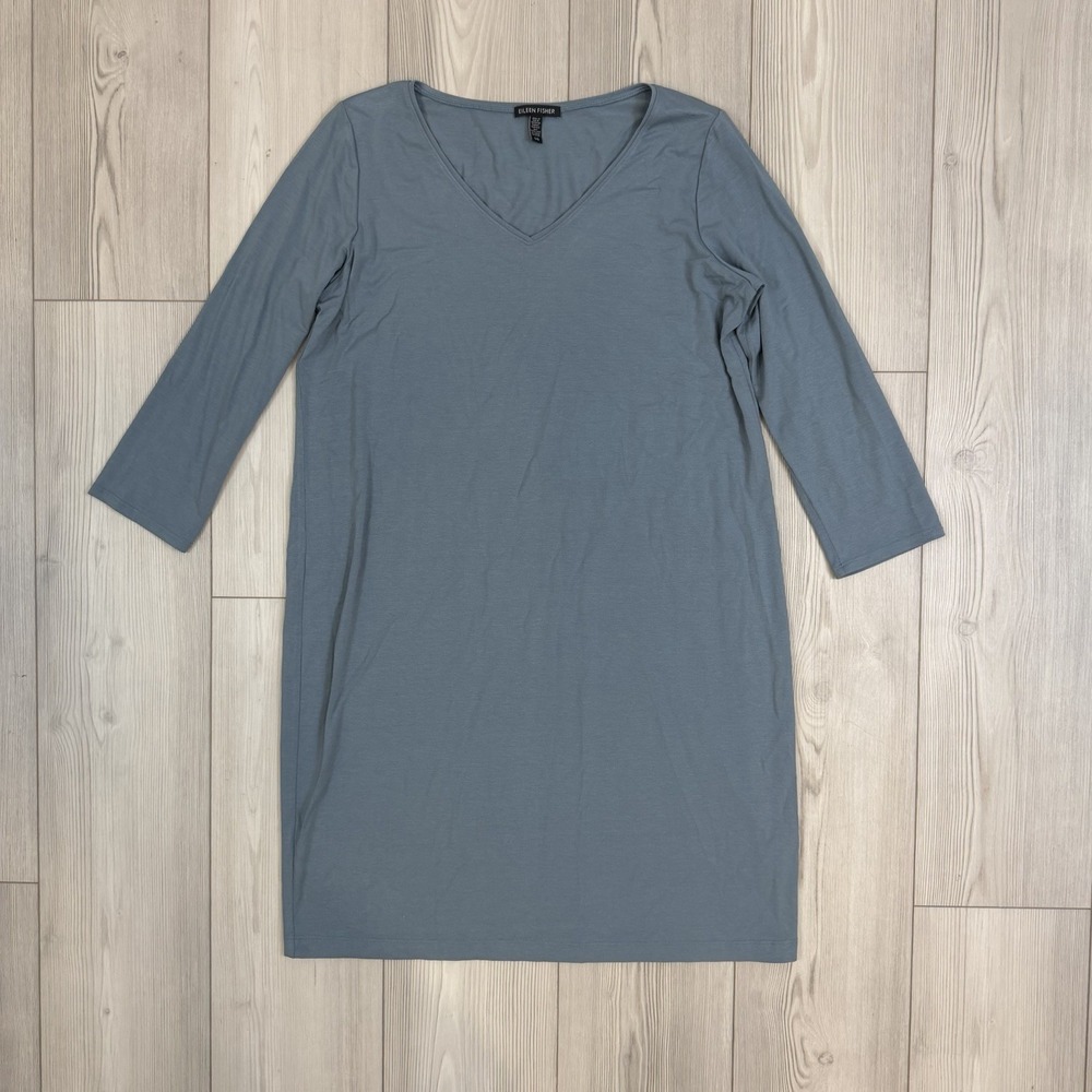 Eileen Fisher Women's Large V-Neck Jersey Shift Dress Blue Viscose